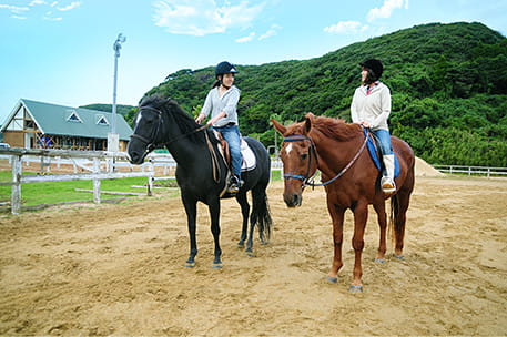 教習所隣接の馬場で、乗馬体験
